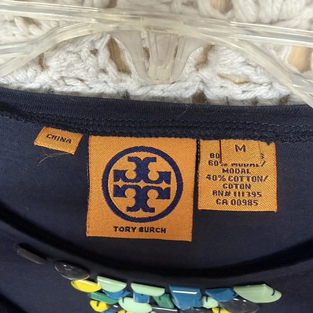 Tory Burch Top Shirt Size M Navy Blue 3/4 Sleeve‎  Bling Cotton Modal  Blouse